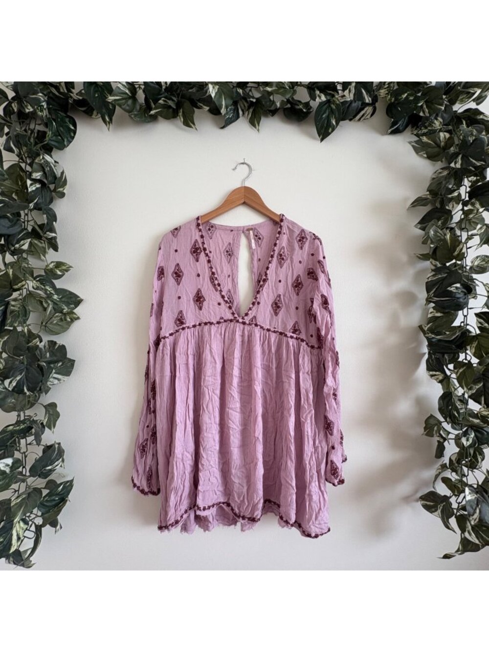 Free People Diamond Embroidered V-Neck Long Sleeve Tunic Blouse Lilac Sz M